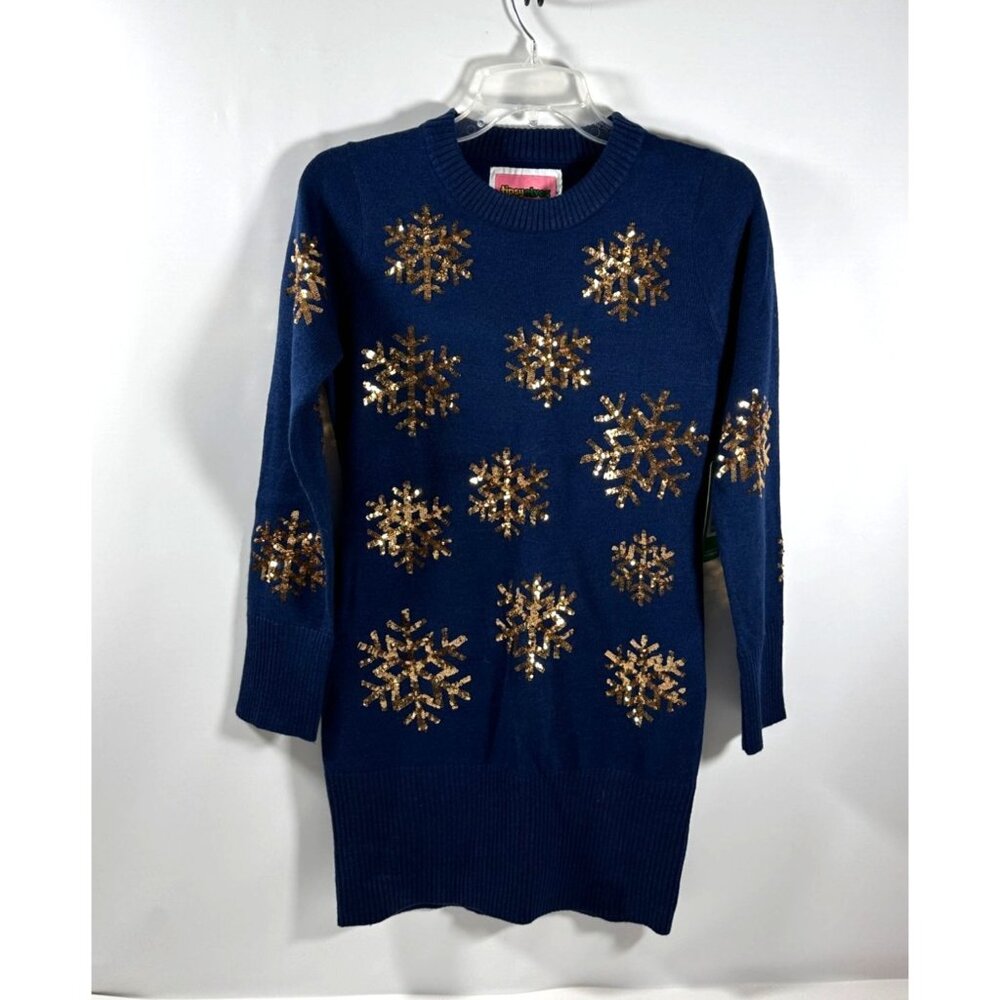 Tipsy Elves Blue Mini Sweater Dress‎ With Gold Sequin Snowflakes Size XS NWT